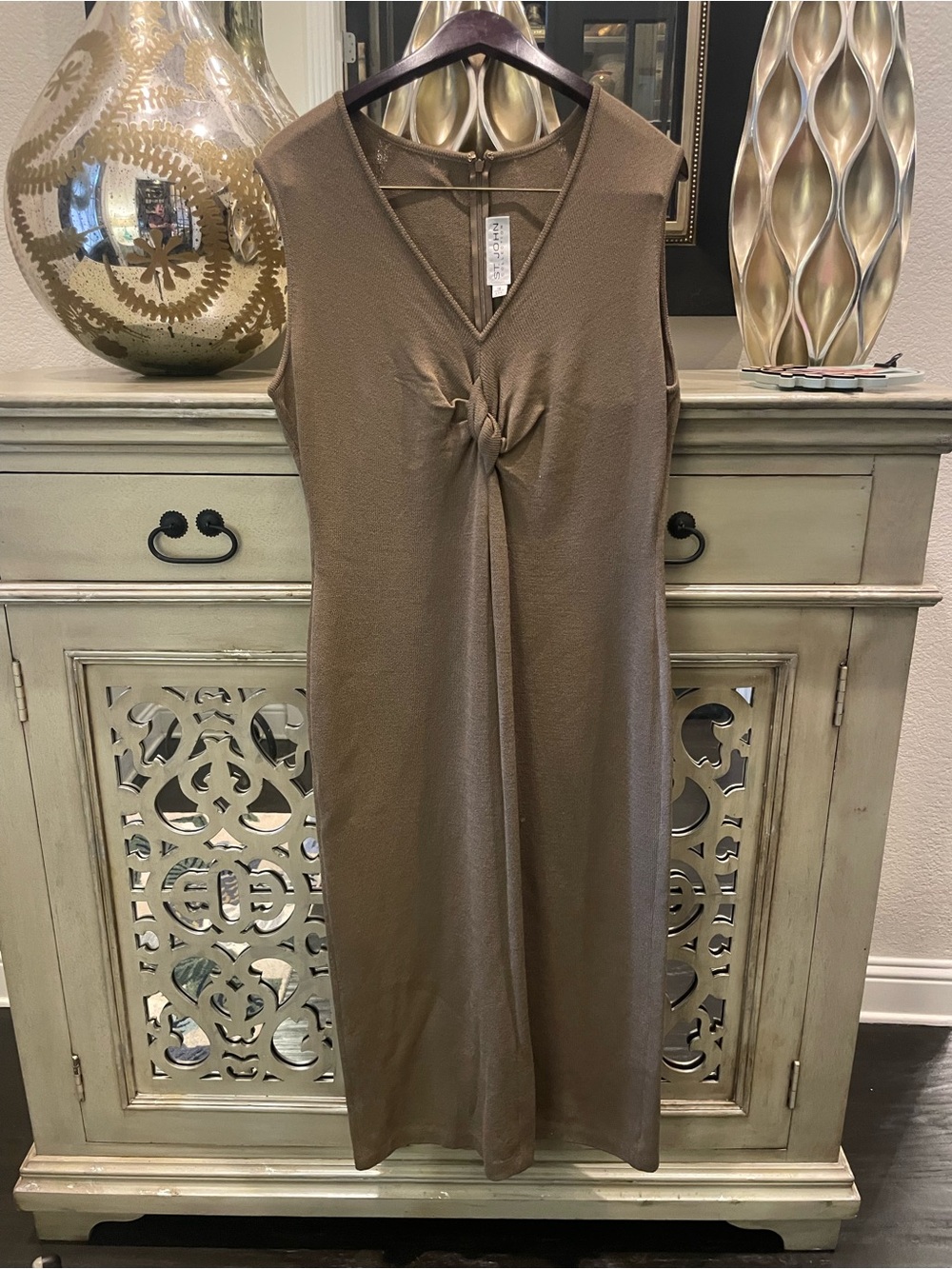 St. John Olive-Brown Sleeveless Twist-Front Midi Dress